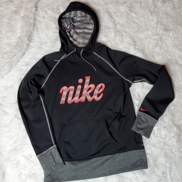 Nike Tops - NIKE THERMA-FIT BLACK HOODED PULLOVER PINK LOGO